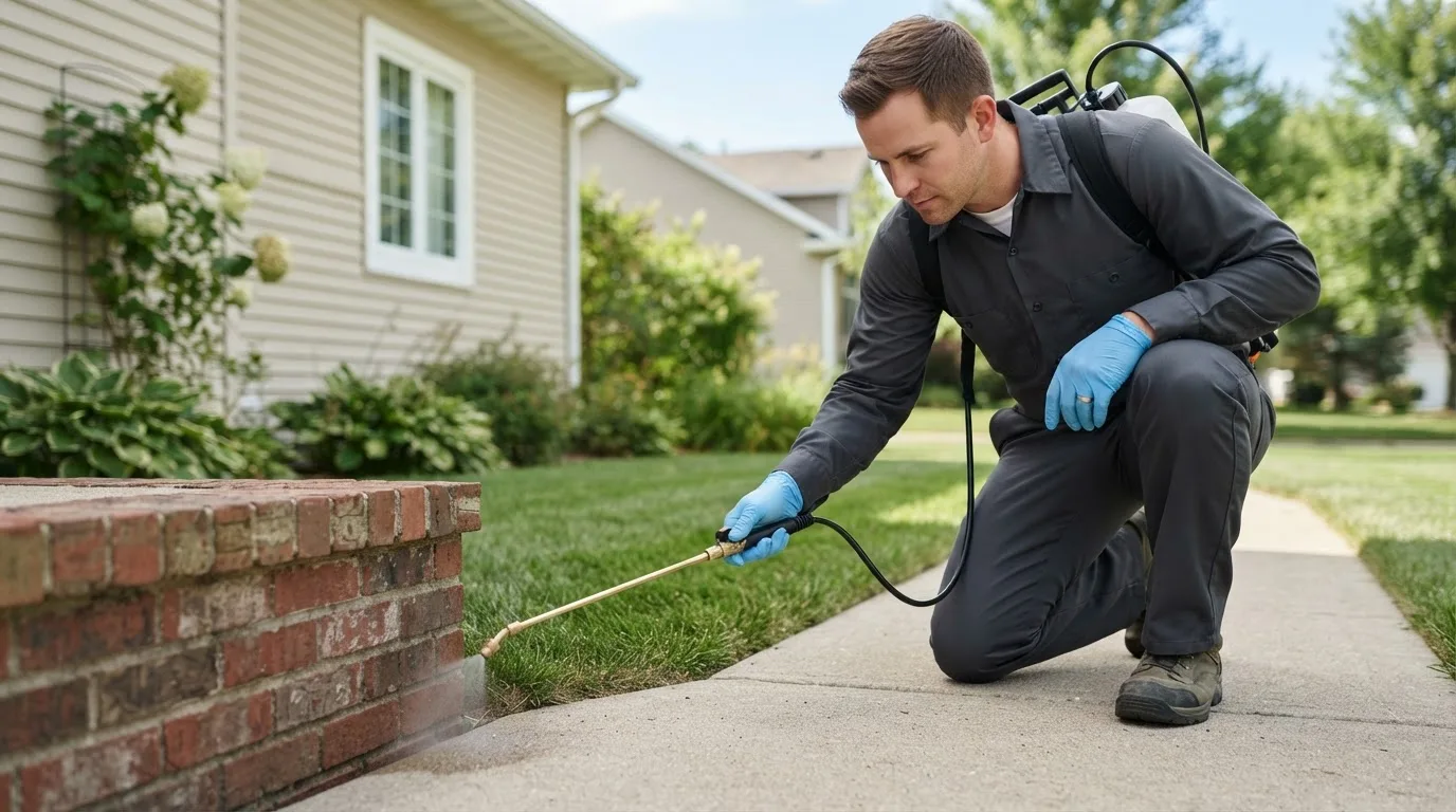 Pest control technician treating a home near Plevna, KS