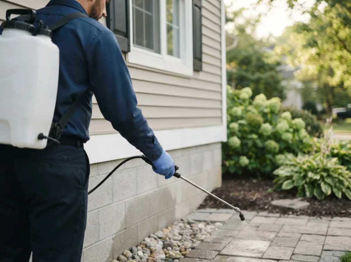 Pest control technician inspecting a home in Plevna, KS